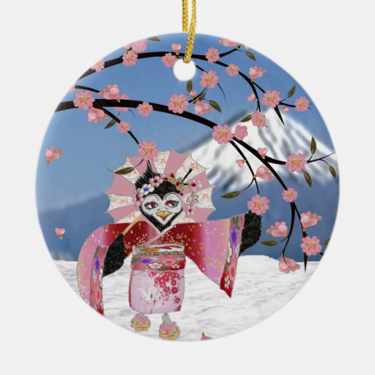 Sakura Geisha Bird in the Snow Cherry Blossom Keramisch Ornament (Voorkant)