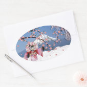 Sakura Geisha Bird in the Snow Cherry Blossom Ovale Sticker (Envelop)