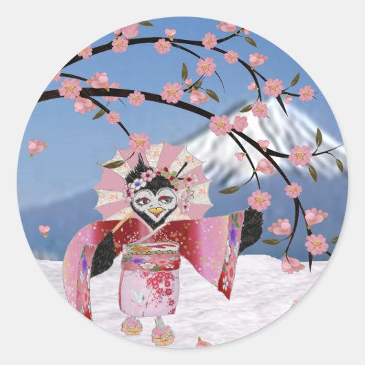 Sakura Geisha Bird in the Snow Cherry Blossom Ronde Sticker (Voorkant)