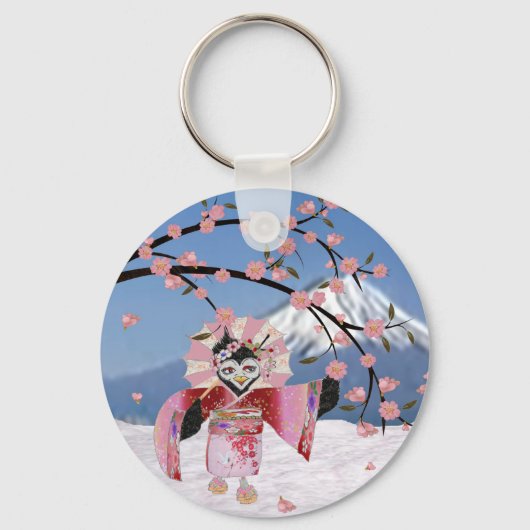 Sakura Geisha Bird in the Snow Cherry Blossom Sleutelhanger (Voorkant)