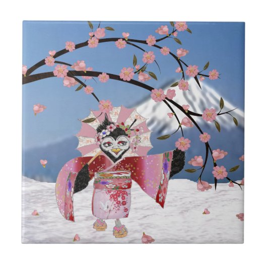Sakura Geisha Bird in the Snow Cherry Blossom Tegeltje (Voorkant)