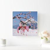 Sakura Geisha Bird in the Snow Cherry Blossom Vierkante Klok (Huis)