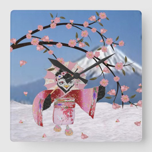 Sakura Geisha Bird in the Snow Cherry Blossom Vierkante Klok (Voorkant)