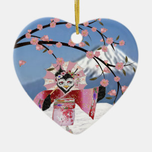 Sakura Geisha Vogel in de Sneeuw Kersenbloesem Keramisch Ornament