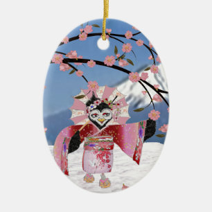 Sakura Geisha Vogel in de Sneeuw Kersenbloesem Keramisch Ornament