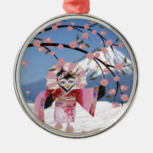 Sakura Geisha Vogel in de Sneeuw Kersenbloesem Metalen Ornament