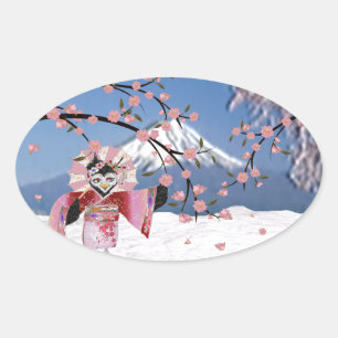 Sakura Geisha Vogel in de Sneeuw Kersenbloesem Ovale Sticker