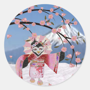 Sakura Geisha Vogel in de Sneeuw Kersenbloesem Ronde Sticker