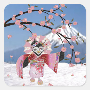 Sakura Geisha Vogel in de Sneeuw Kersenbloesem Vierkante Sticker