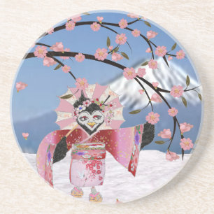 Sakura Geisha Vogel in de Sneeuw Kersenbloesem Zandsteen Onderzetter