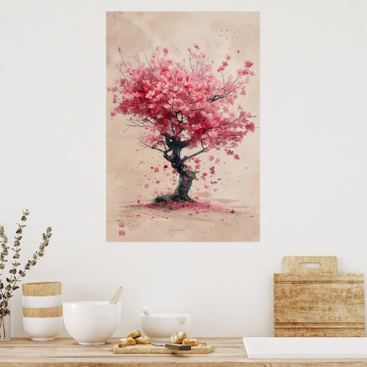 Sakura in the Wind – Japanese Cherry Blossom Paint Poster (Keuken)