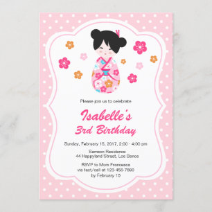 Sakura Japanese Kokeshi Doll Birthday Invitation Kaart