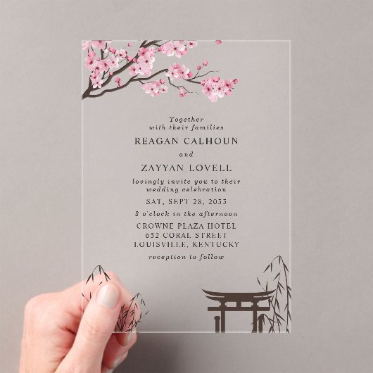 Sakura Japans Cherry Blossom Asian Wedding Acryl Uitnodigingen (Insitu (Draagbaar))