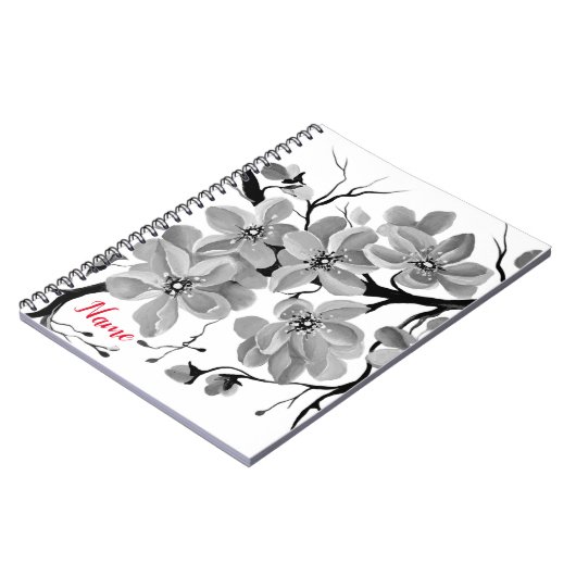 Sakura Japanse Cherry Tree Black en White Notitieboek (Linkerzijde)