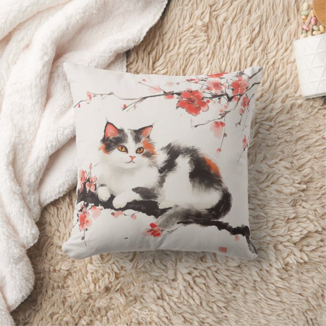 Sakura Kat Decoratief Kussen – Elegante Bloemenkun (Deken)