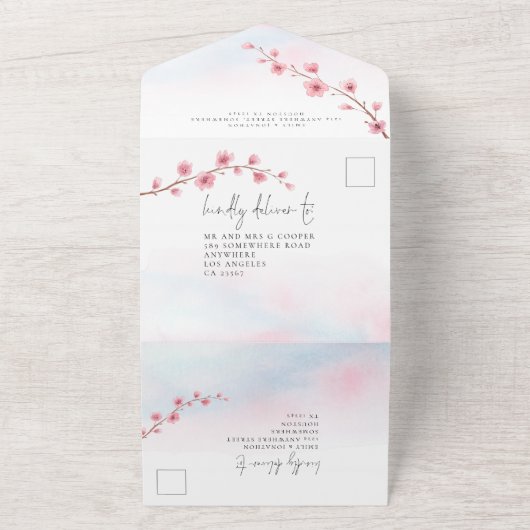 Sakura Kersenbloesem Waterverf Schrift Bruiloft All In One Uitnodiging (Buitenkant)