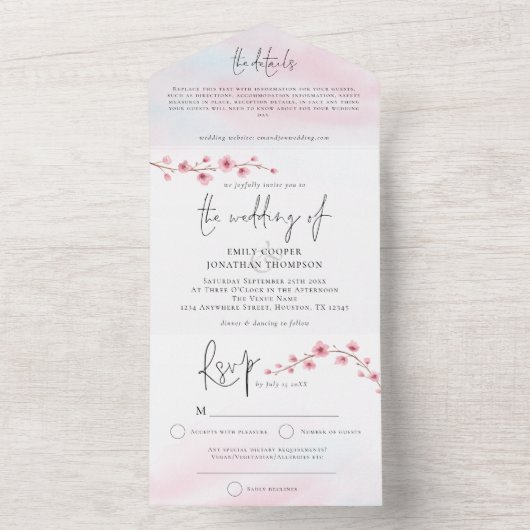 Sakura Kersenbloesem Waterverf Schrift Bruiloft All In One Uitnodiging (Binnen)