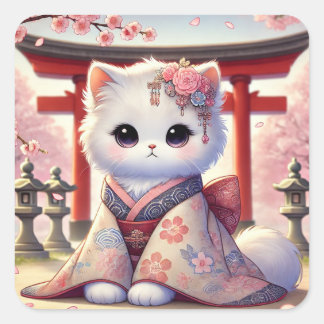 Sakura Kimono Cat in Japan Vierkante Sticker