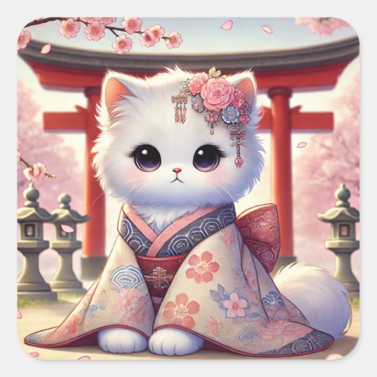 Sakura Kimono Cat in Japan Vierkante Sticker (Voorkant)