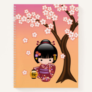 Sakura Kokeshi Doll - Cute Geisha Girl op Peach Notitieboek