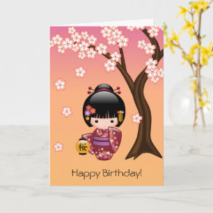 Sakura Kokeshi Doll Cute Japanese Geisha Birthday Kaart