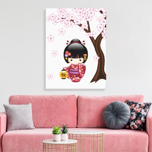 Sakura Kokeshi Doll - Cute Japanese Geisha Girl Canvas Afdruk (Insitu (Woonkamer))