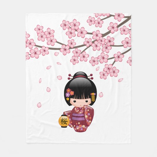 Sakura Kokeshi Doll - Cute Japanese Geisha Girl Fleece Deken (Voorkant)