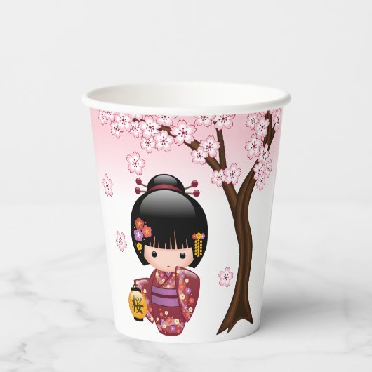 Sakura Kokeshi Doll - Cute Japanese Geisha Girl Papieren Bekers (Achterkant)