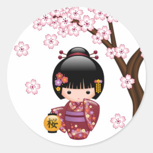 Sakura Kokeshi Doll - Cute Japanese Geisha Girl Ronde Sticker