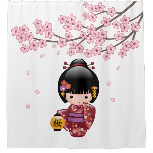 Sakura Kokeshi Doll Geisha Girl Cherry Blossom Douchegordijn (Voorkant)