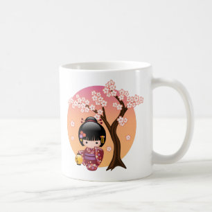 Sakura Kokeshi Doll - Geisha Girl op Peach Coffee  Koffiemok