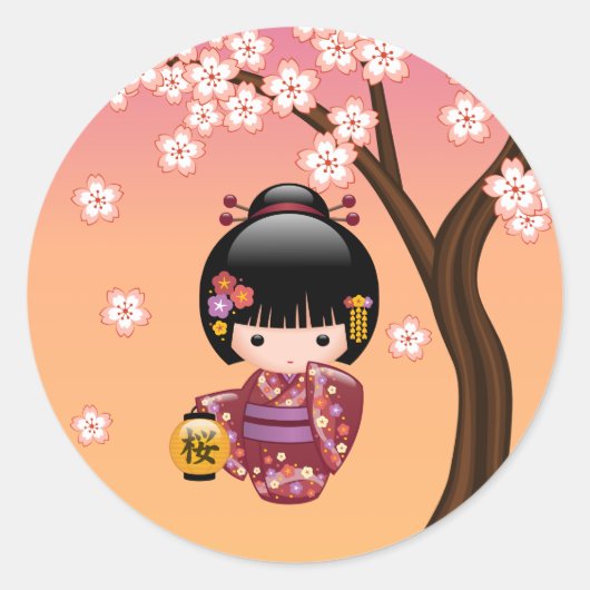 Sakura Kokeshi Doll Geisha Girl op Peach Ronde Sticker (Voorkant)