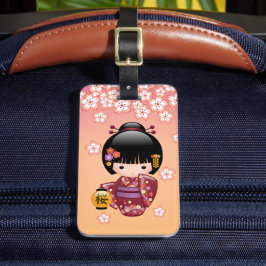 Sakura Kokeshi Doll - Geisha Girl op strand Bagagelabel