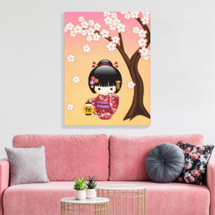 Sakura Kokeshi Doll - Geisha Girl op strand Canvas Afdruk
