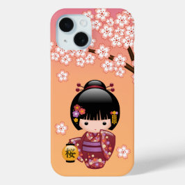 Sakura Kokeshi Doll - Geisha Girl op strand iPhone 15 Case