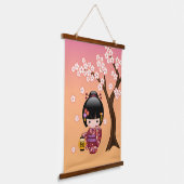 Sakura Kokeshi Doll - Geisha Girl op strand Hangend Wandkleed (Gebogen)