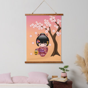 Sakura Kokeshi Doll - Geisha Girl op strand Hangend Wandkleed