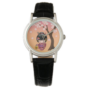 Sakura Kokeshi Doll - Geisha Girl op strand Horloge