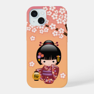 Sakura Kokeshi Doll - Geisha Girl op strand iPhone 15 Case