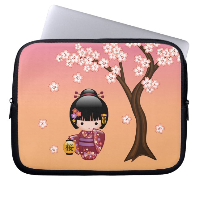 Sakura Kokeshi Doll - Geisha Girl op strand Laptop Sleeve (Voorkant)
