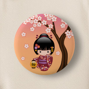 Sakura Kokeshi Doll - Geisha Girl op strand Ronde Button 5,7 Cm