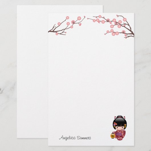 Sakura Kokeshi Doll - Kimono Geisha Girl Briefpapier (Voorkant / Achterkant)
