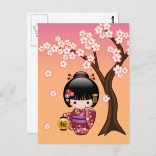 Sakura Kokeshi Doll Schattige Geisha Girl Briefkaart
