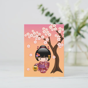 Sakura Kokeshi Doll Schattige Geisha Girl Briefkaart