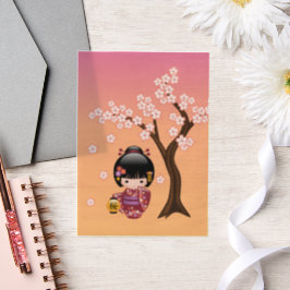 Sakura Kokeshi Doll Schattige Geisha Girl Sinaasap Vellum Uitnodigingen