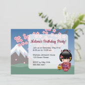 Sakura Kokeshi Doll Schattige Geisha Verjaardagsfe Kaart (Staand voorkant)