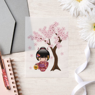 Sakura Kokeshi Doll Schattige Japans Geisha Insert Vellum Uitnodigingen