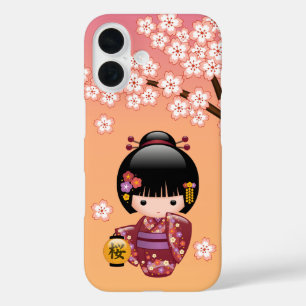 Sakura Kokeshi Pop Geisha Meisje op Oranje iPhone 16 Hoesje