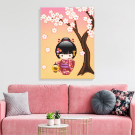 Sakura Kokeshi Pop - Geisha Meisje op Perzik Canvas Afdruk