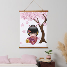 Sakura Kokeshi Pop - Schattige Japanse Geisha Meis Hangend Wandkleed